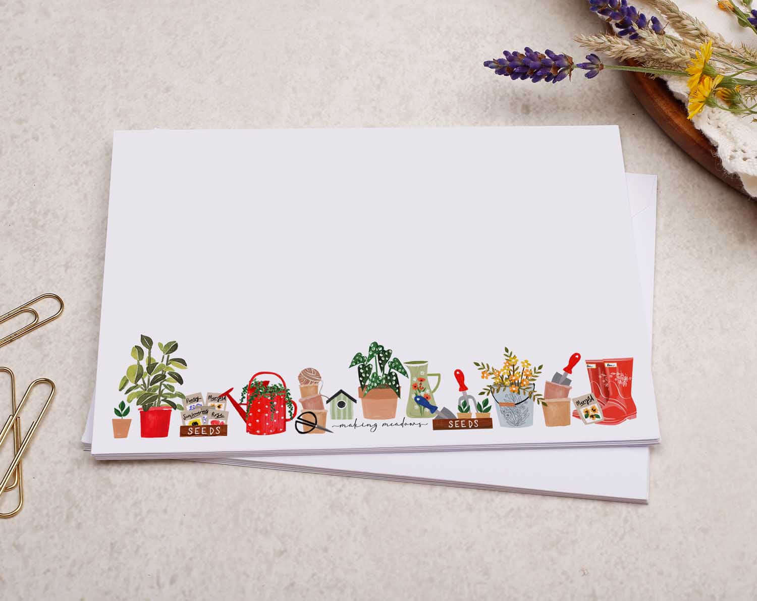 C6 Gardening Tools Decorated Envelope. Envelopes designed by Making Meadows