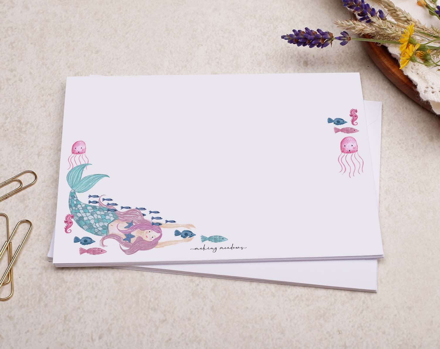 C6 Mermaid Decorated Envelope pack featuring colorful mermaid and sea creature designs on a stylish envelope.