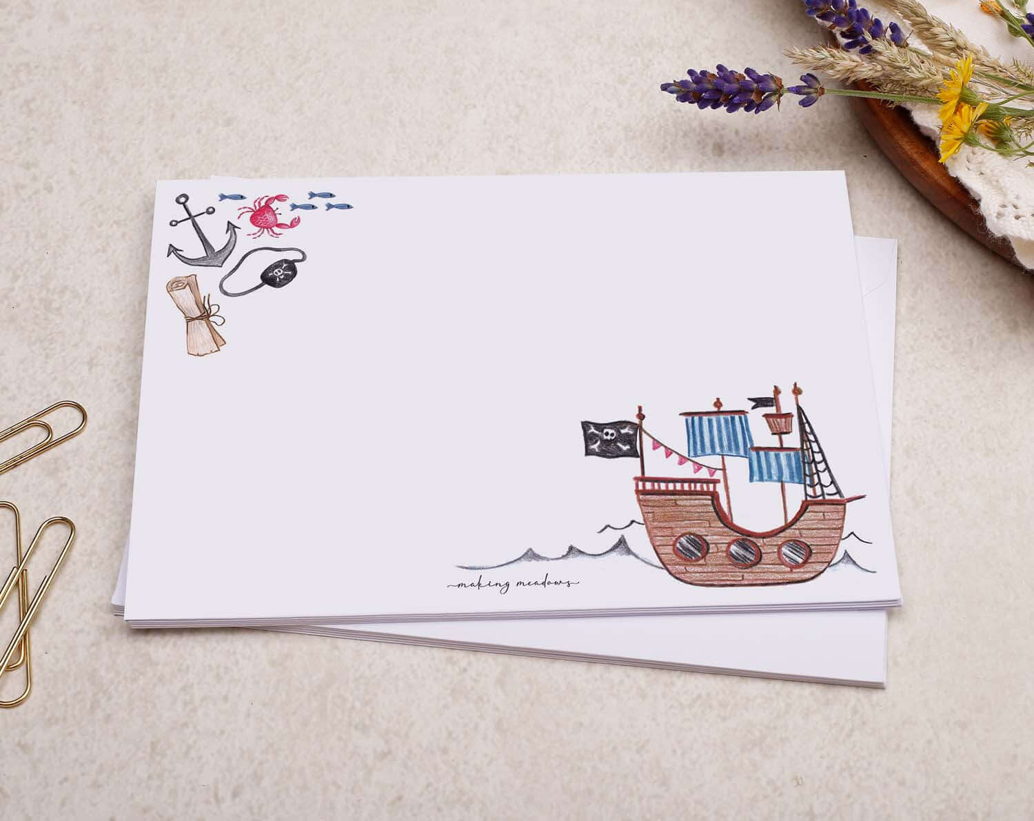 C6 Pirate Decorated Envelope featuring a colorful pirate ship and nautical designs, perfect for special letters and notes.