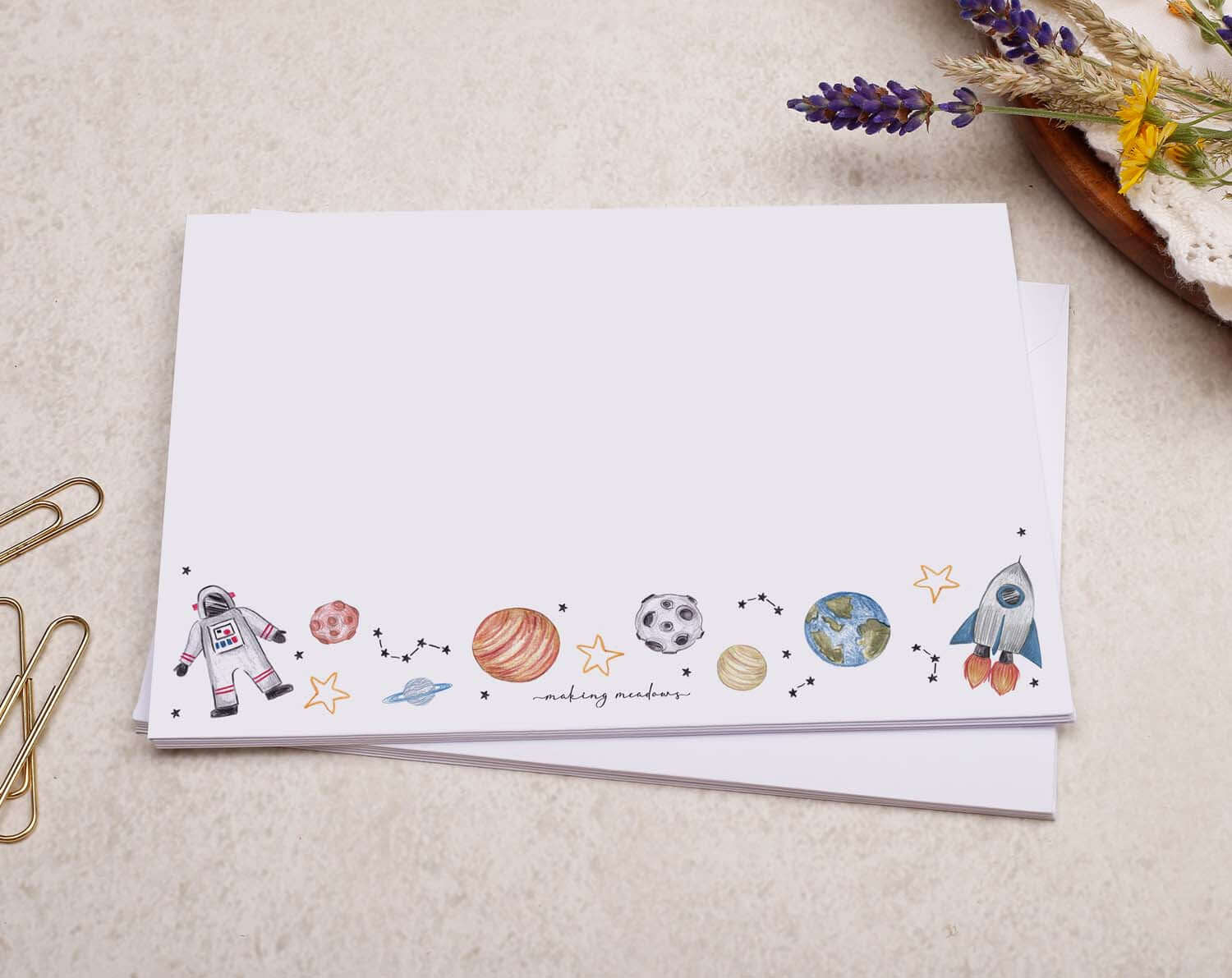 C6 Space Decorated Envelope with colorful space-themed illustrations including planets and rockets.