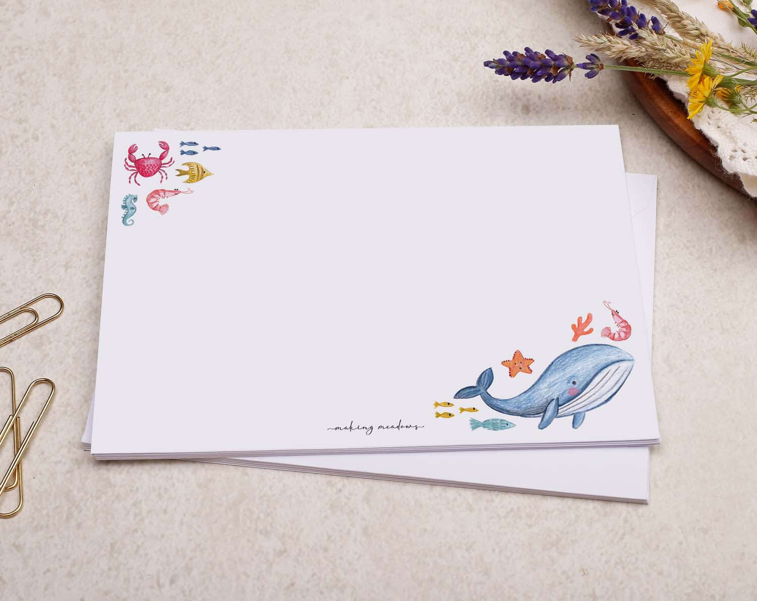 C6 Under The Sea Decorated Envelopes featuring colorful ocean-themed illustrations of a whale and sea creatures.