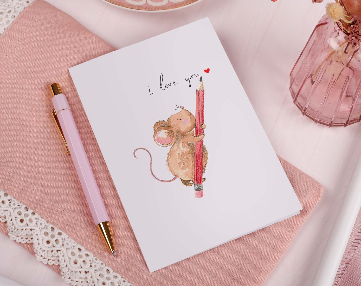 Cute I Love You Card, with watercolour mouse on it