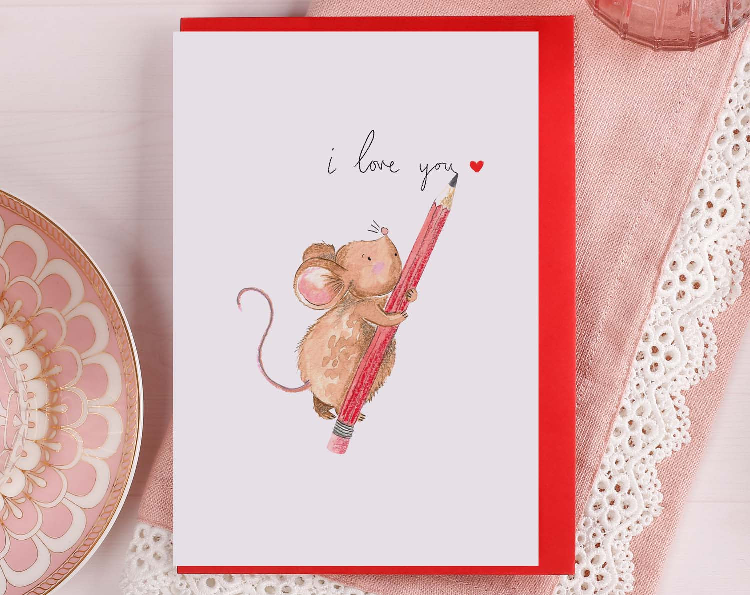 Cute I Love You Card, with watercolour mouse on it