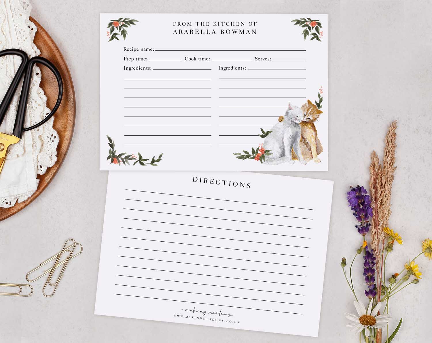 Floral Cat Recipe Cards featuring cute cat illustration and spaces for recipe details and directions.