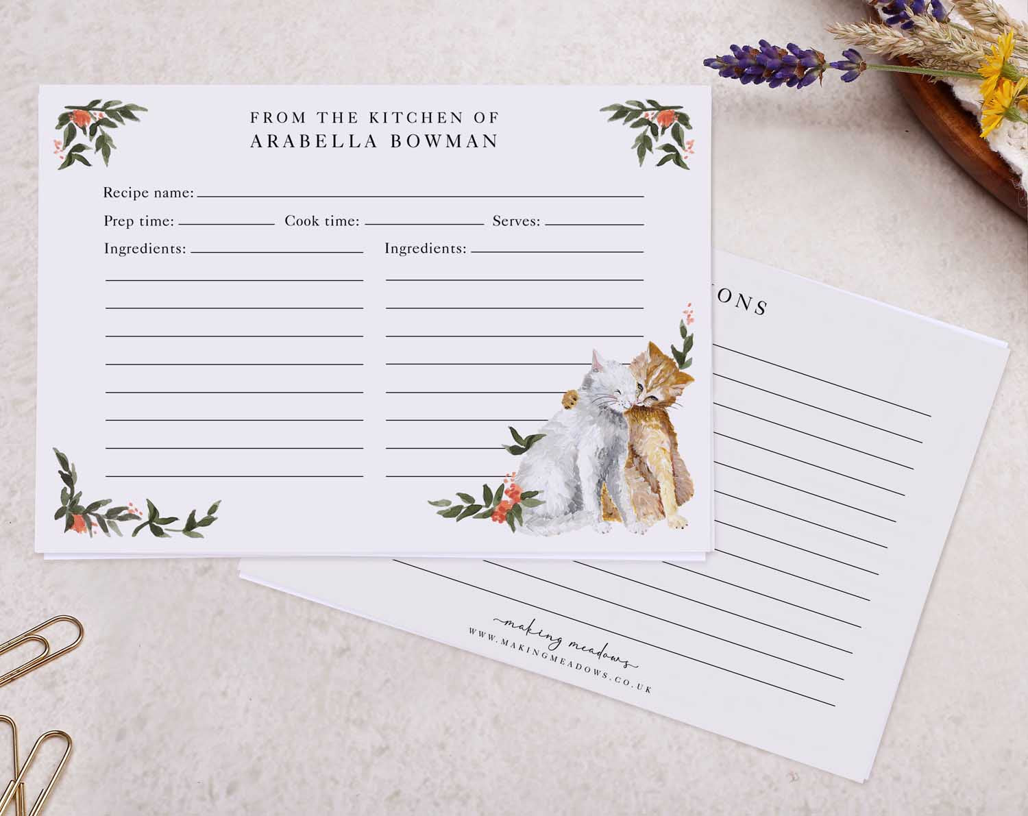 Floral Cat Recipe Cards featuring two cats and floral designs; ideal for organizing favorite recipes.