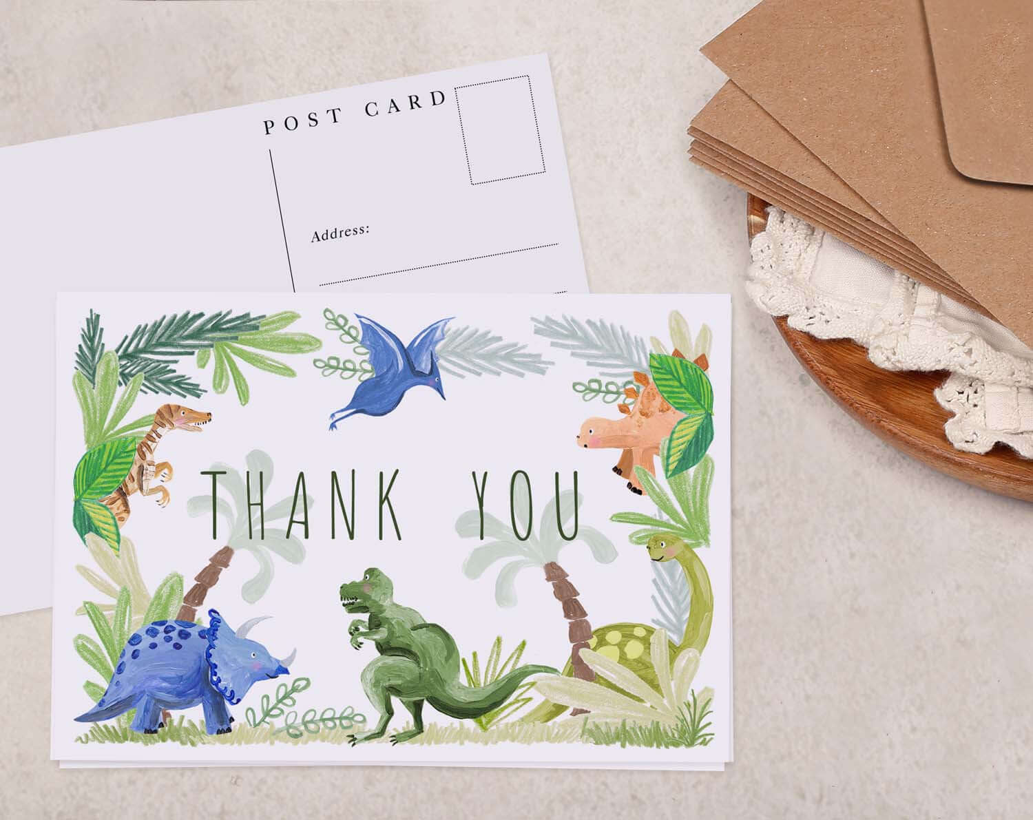 Children's Dinosaur Thank You Postcard. Post Cards designed by Making Meadows