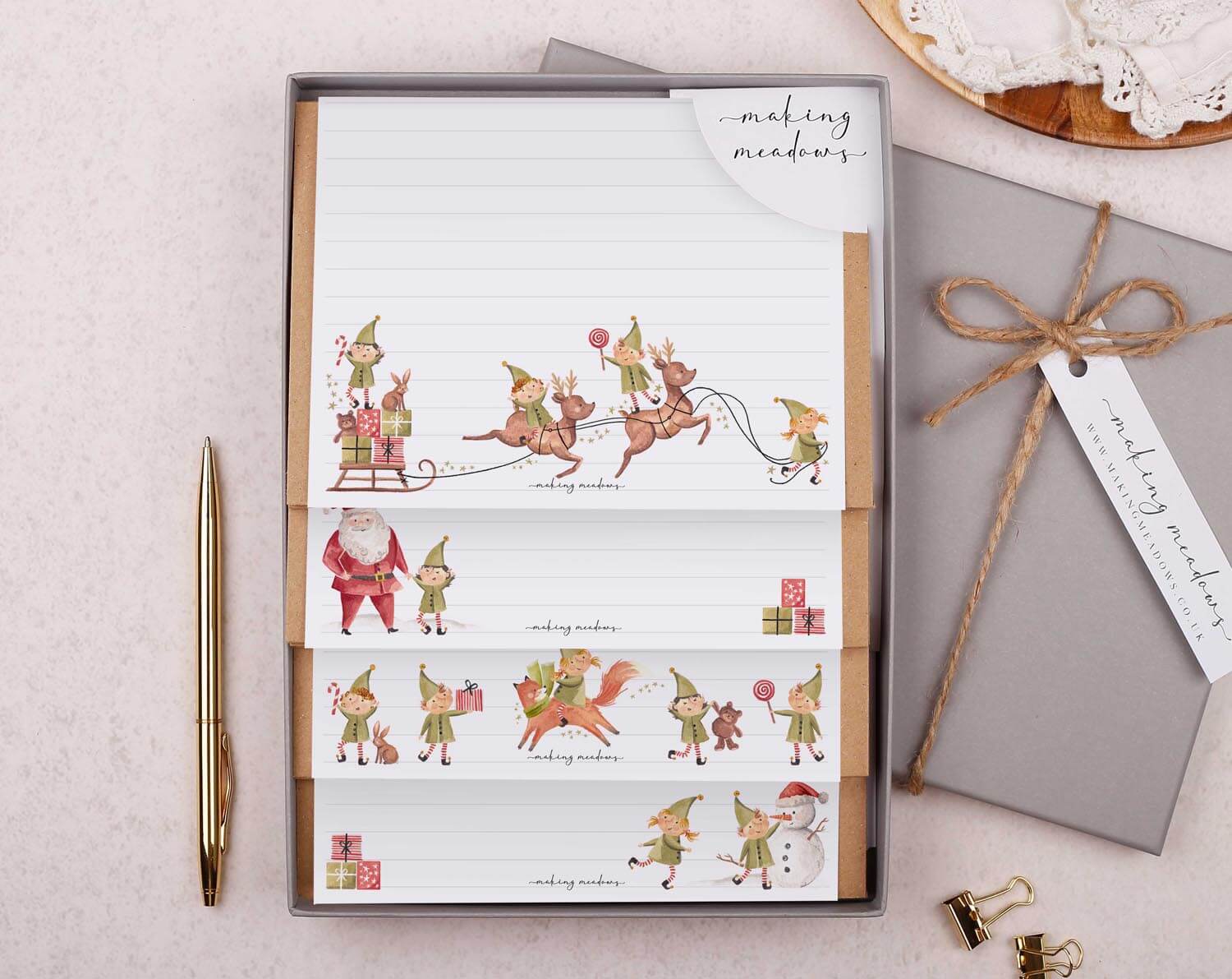 Christmas Elves Writing Paper Gift Box. Stationery designed by Making Meadows