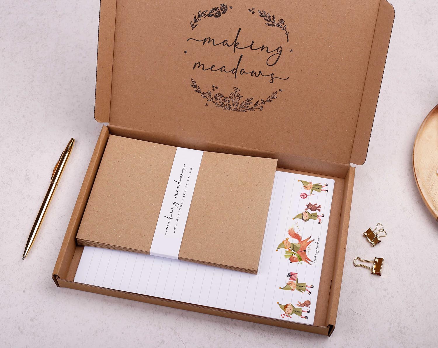Christmas Elves Writing Paper Gift Box. Stationery designed by Making Meadows