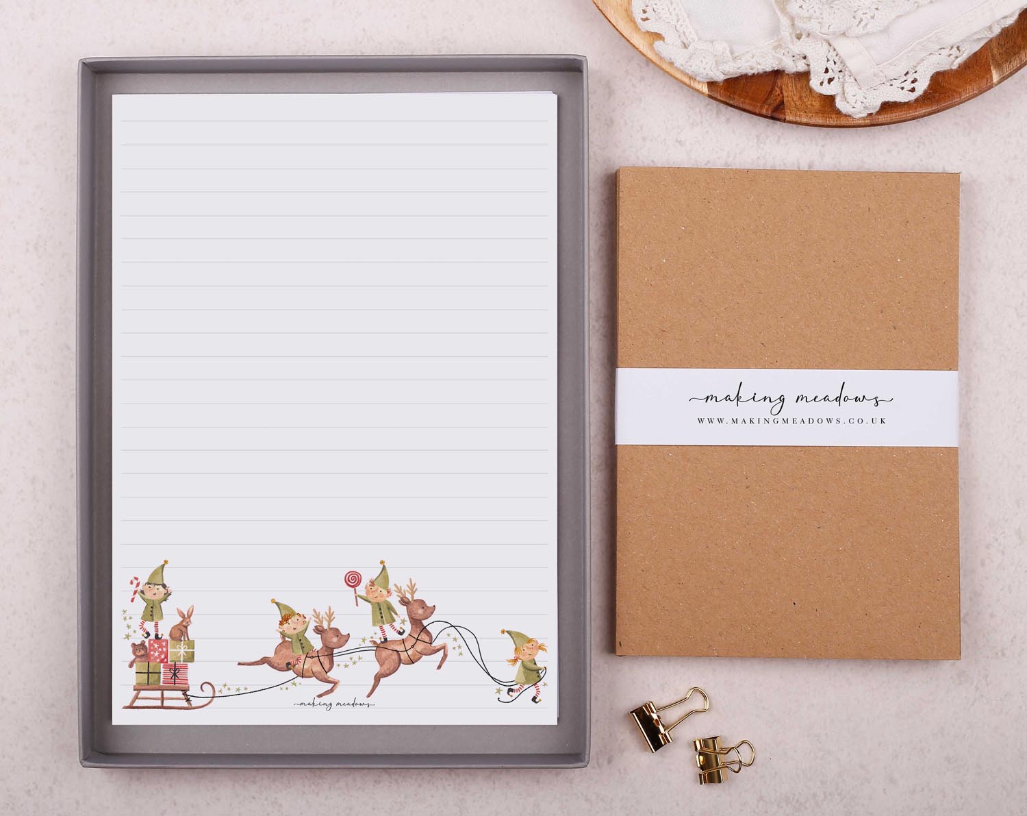 Christmas Elves Writing Paper Gift Box. Stationery designed by Making Meadows