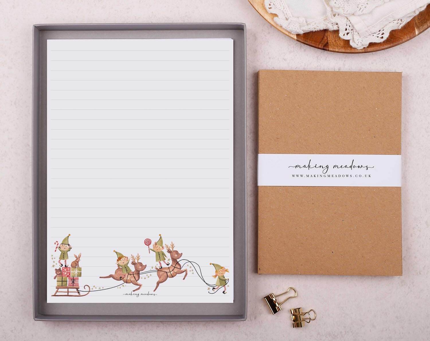 Christmas Elves Writing Paper Gift Box. Stationery designed by Making Meadows