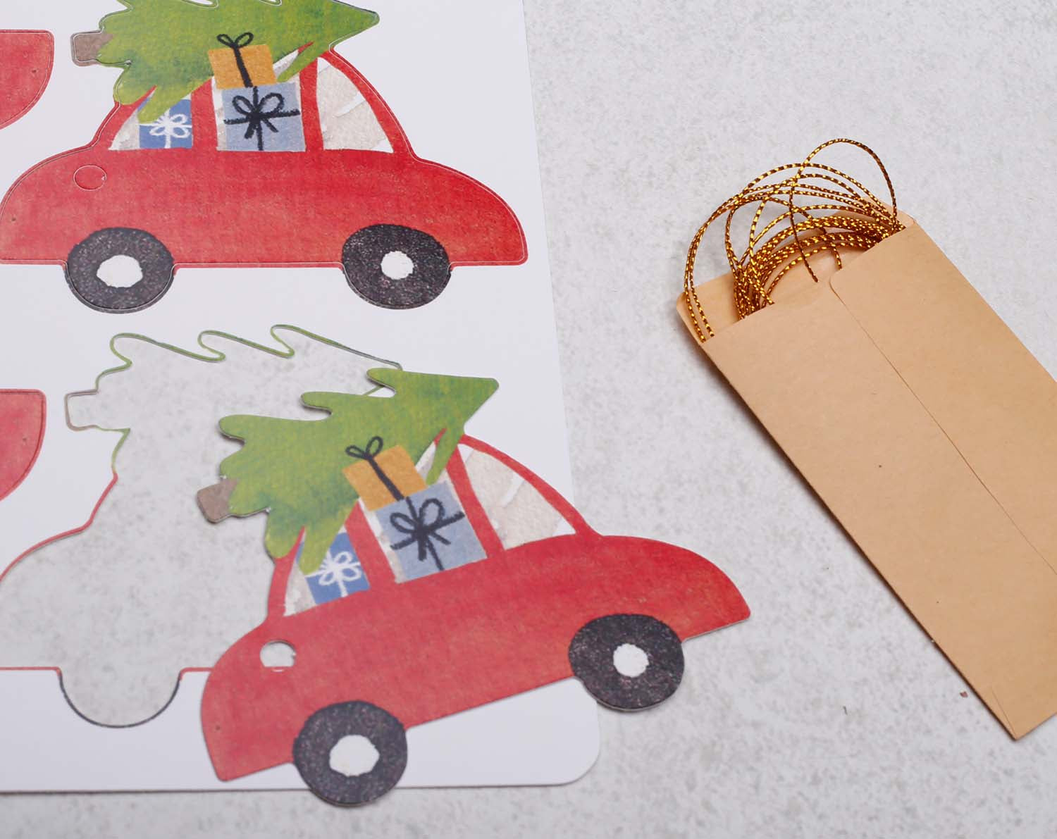 Car Christmas Gift Tags featuring red cars with Christmas trees and gifts, perfect for holiday gift wrapping.