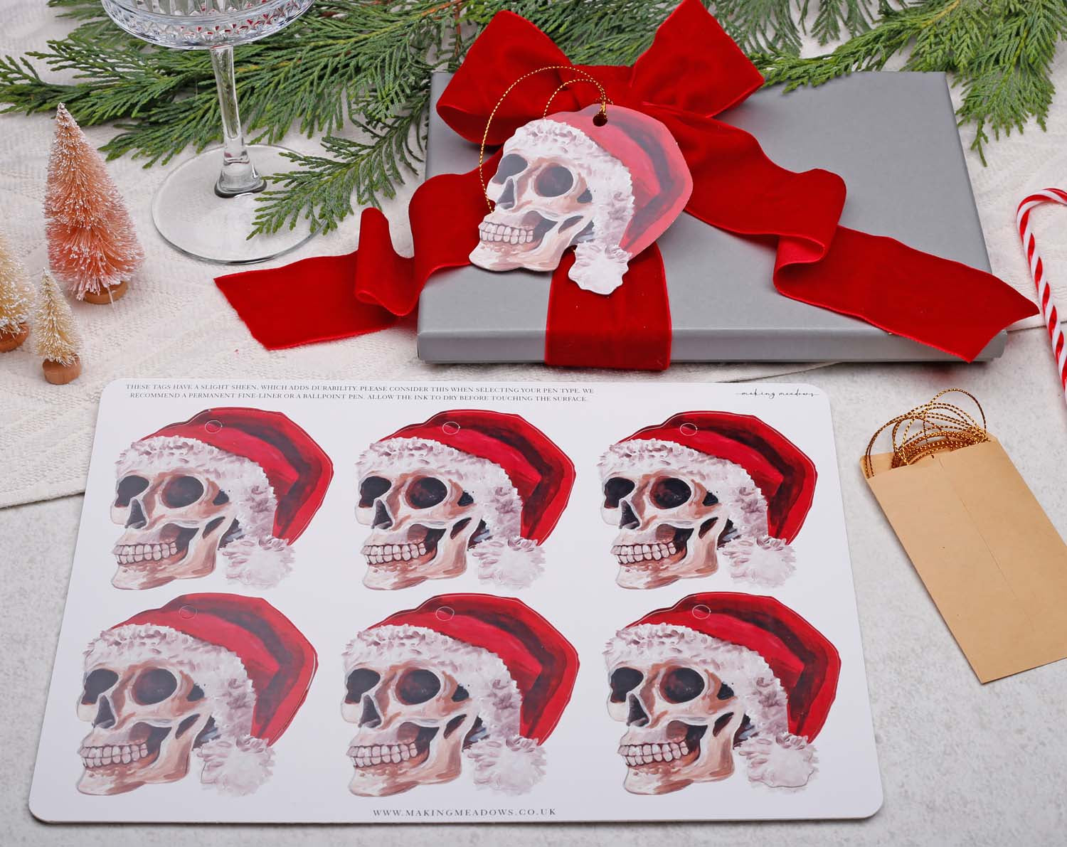 Gothic Skull Christmas Gift Tags on a festive gift, featuring Nutcracker Christmas Gift Tags design for a unique holiday touch.