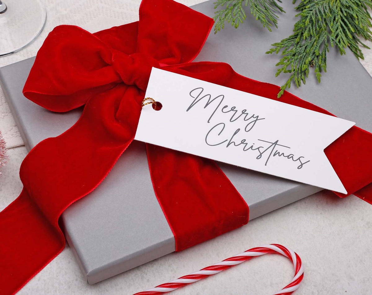 Merry Christmas Gift Tags on a beautifully wrapped gift with red ribbon and decorative elements.