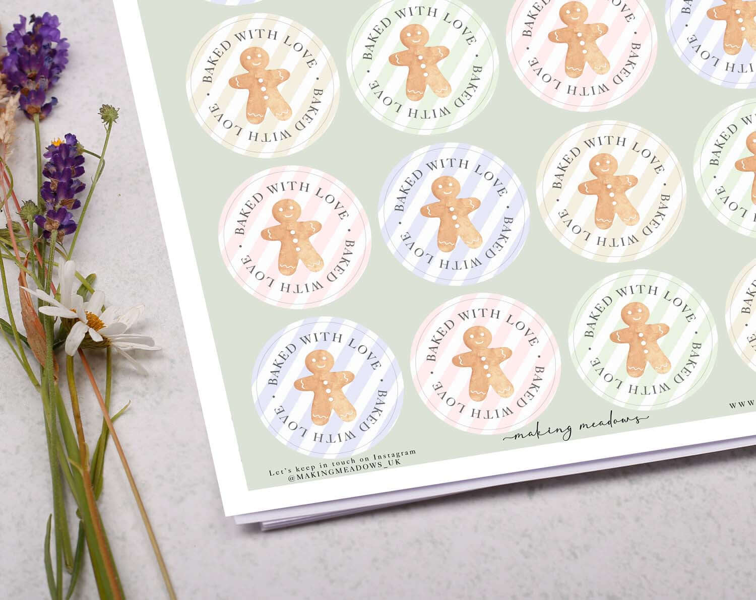Christmas Gingerbread Baked With Love Stickers on a pastel background, showcasing festive designs for holiday treats.