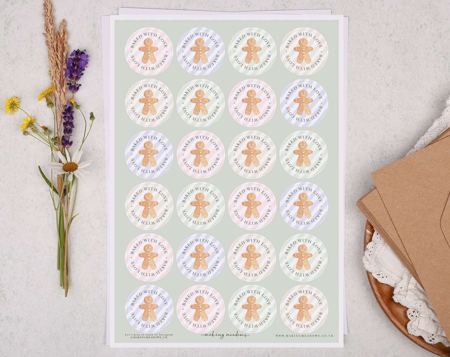 Christmas Gingerbread Baked With Love Stickers sheet featuring cute gingerbread designs on pastel circles.