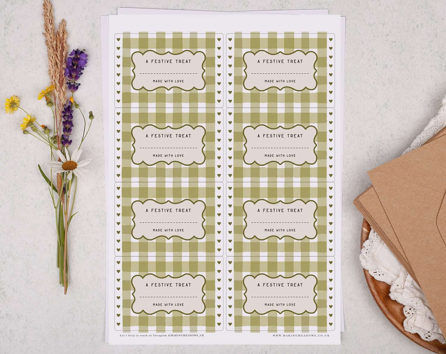 Christmas Jam Jar Labels With Green Gingham design featuring festive treat labels with heart accents.