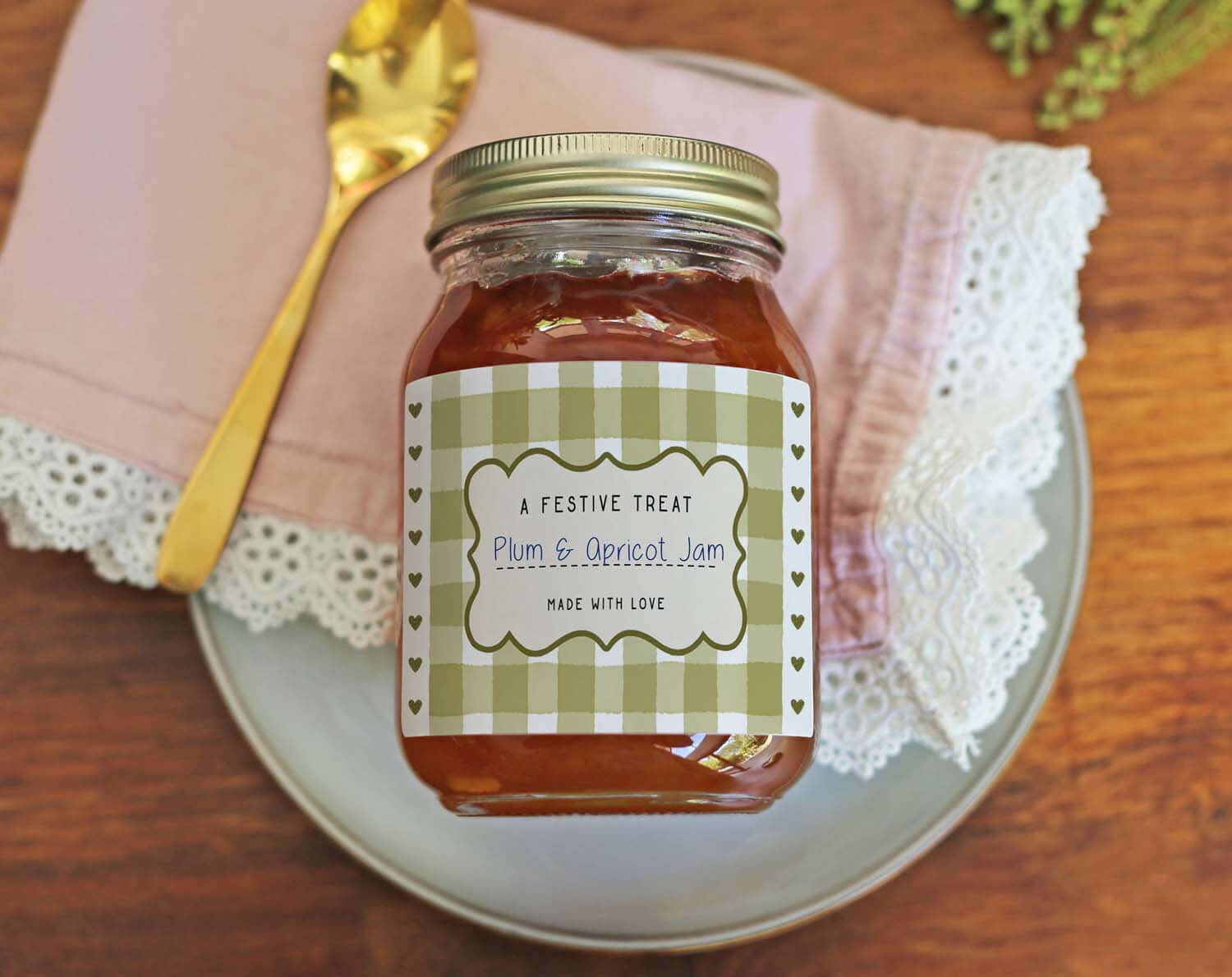 Christmas Jam Jar Labels With Green Gingham on a jar of Plum & Apricot Jam, perfect for holiday gifting.