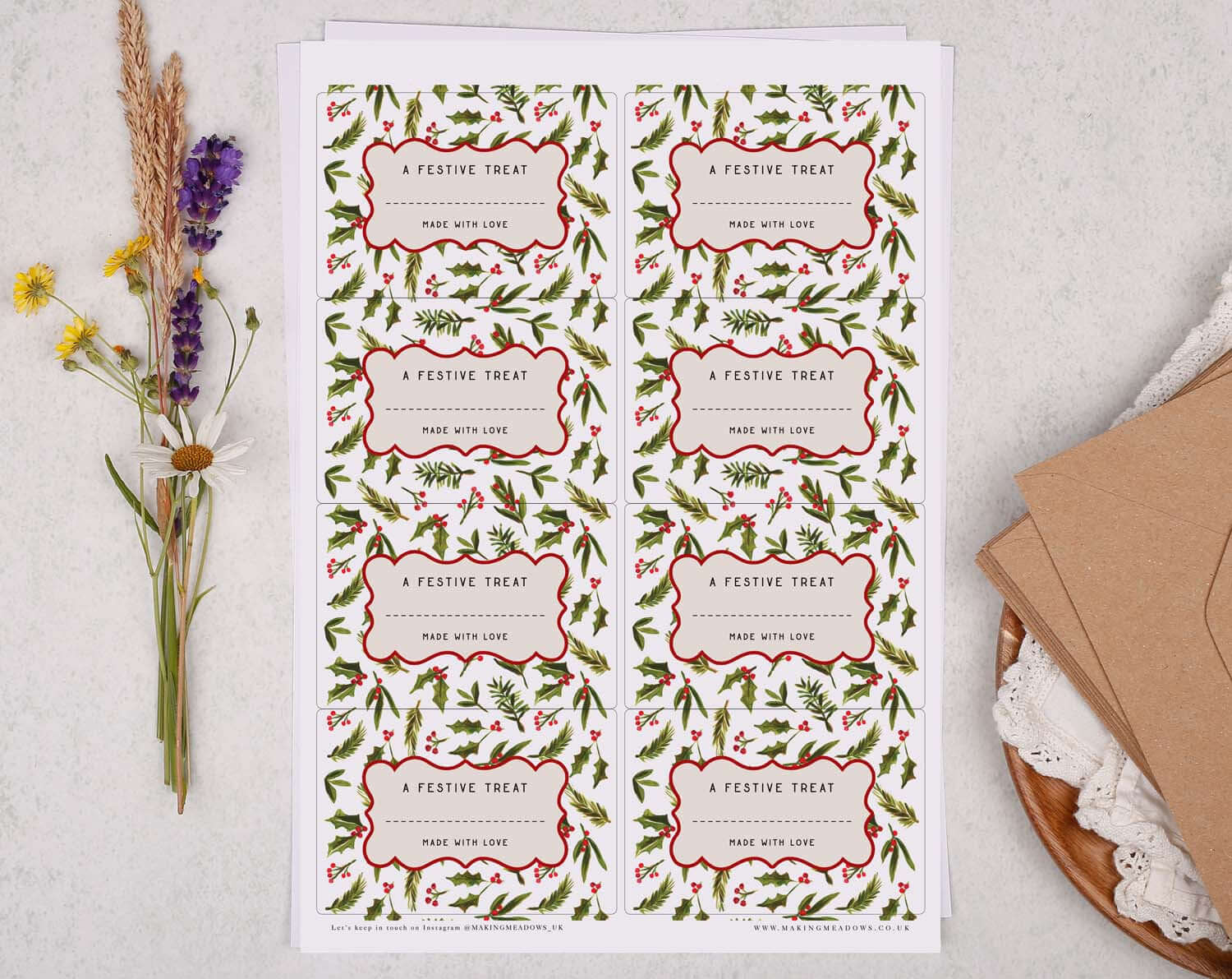 Christmas Jam Jar Labels With Holly featuring festive treat designs and a red border on a printable sheet.
