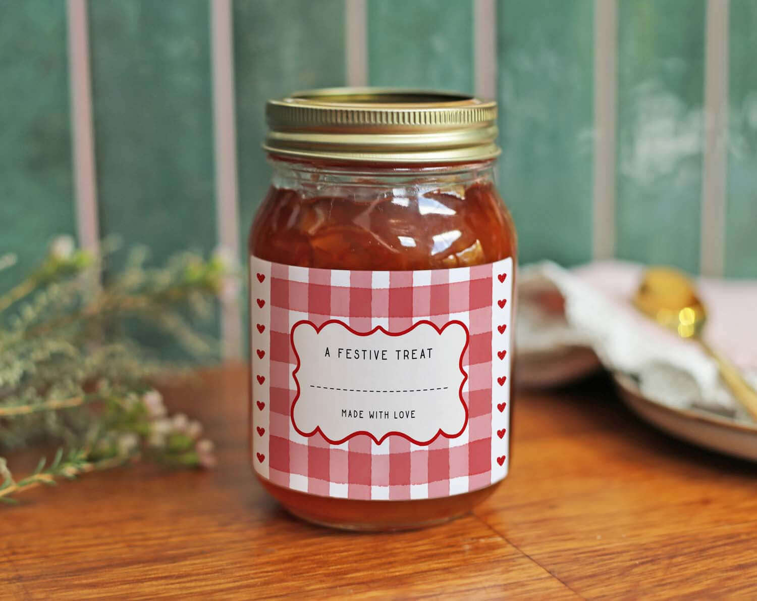 Christmas Jam Jar Labels With Red Gingham on a jar with a festive design.