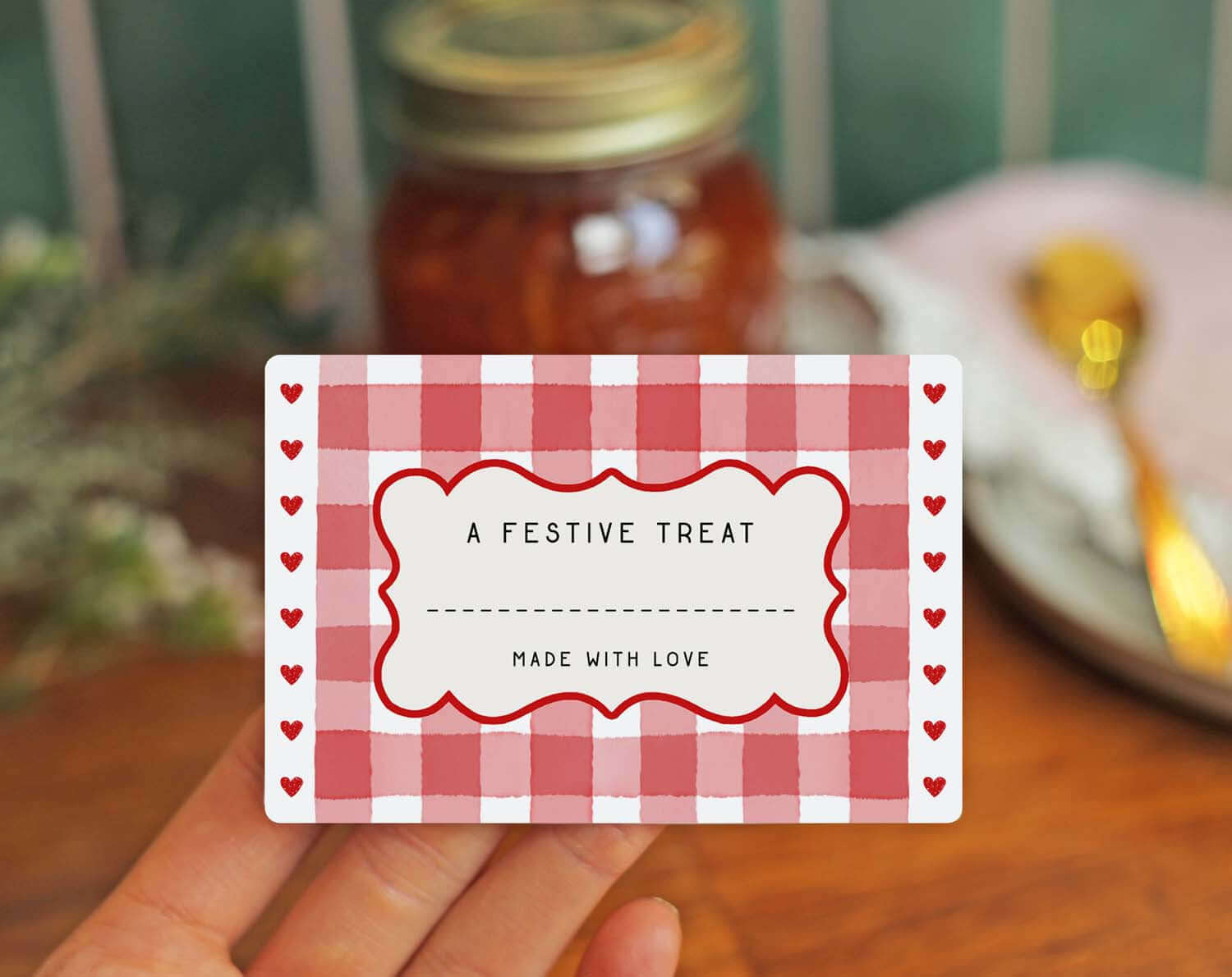 Christmas Jam Jar Labels With Red Gingham showcasing a festive treat card with hearts and a gingham pattern.