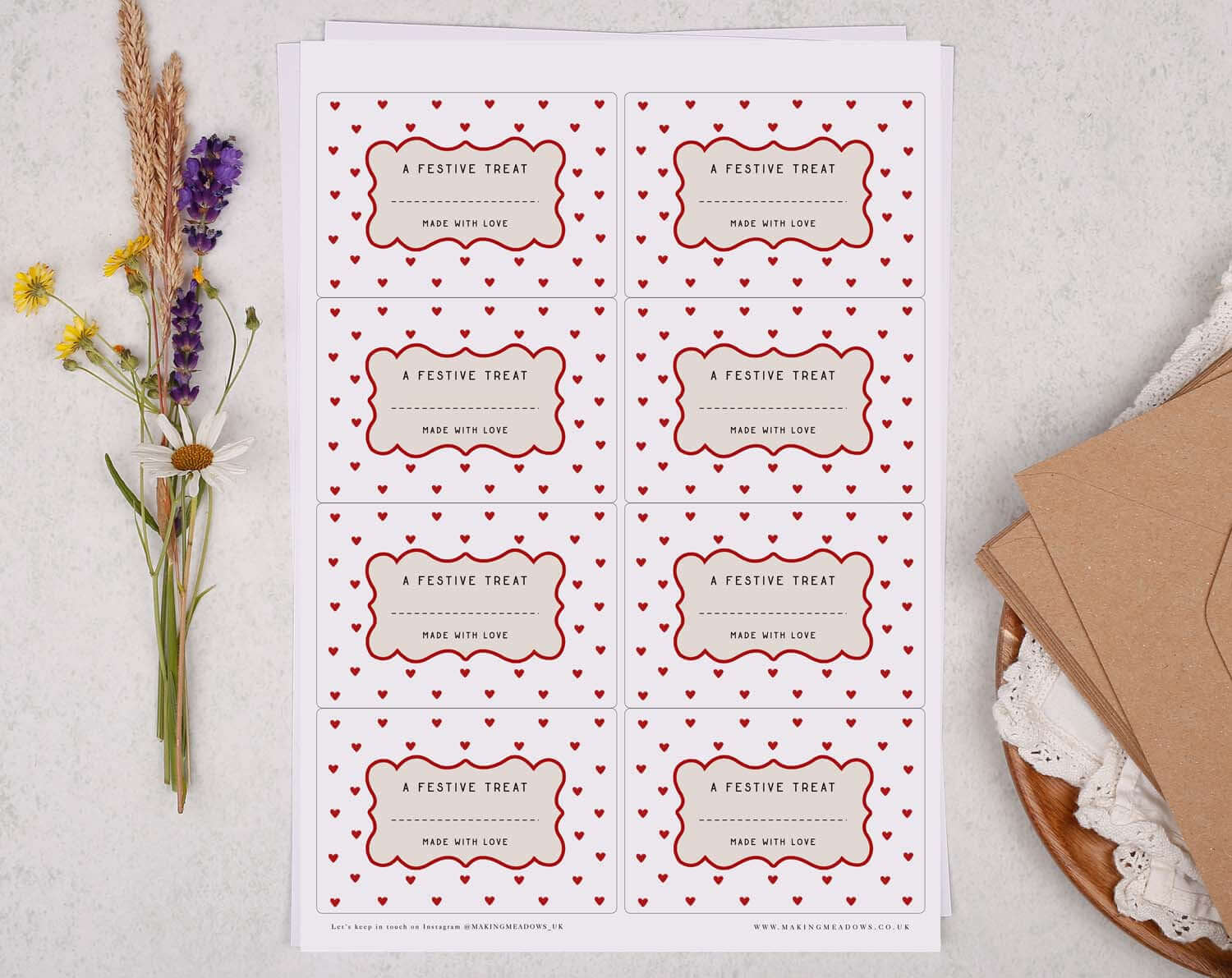 Christmas Jam Jar Labels With Red Hearts featuring a design of hearts and a festive treat message.