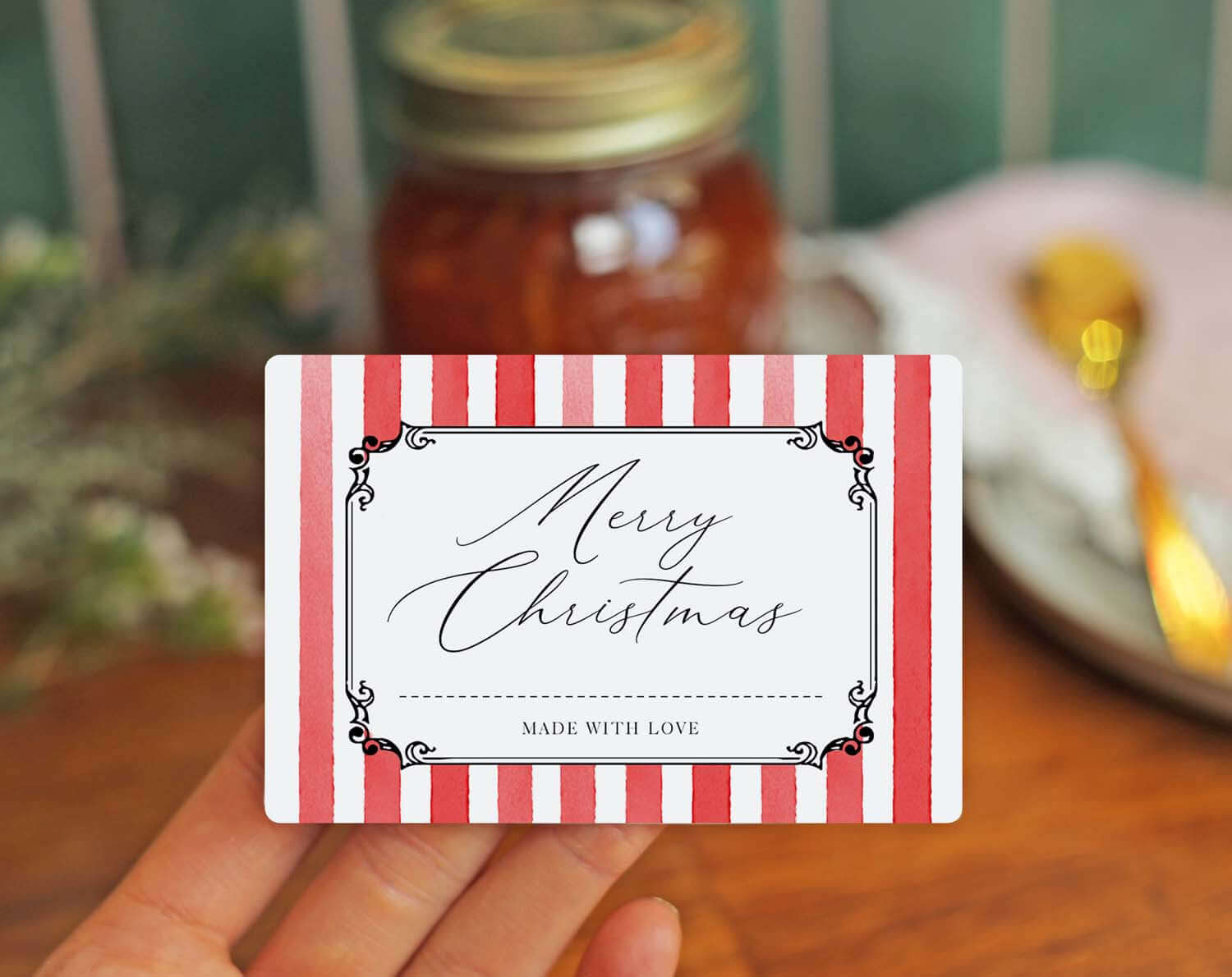 Christmas Jam Jar Labels With Red Stripes showcasing a festive design with a Merry Christmas message.
