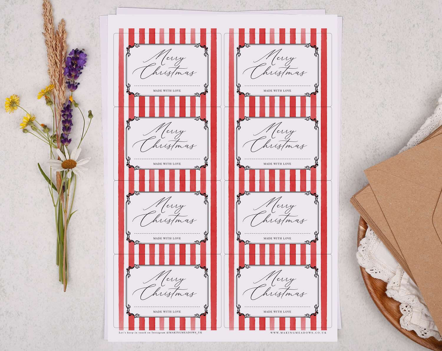 Christmas Jam Jar Labels With Red Stripes featuring decorative labels with a 'Merry Christmas' message and red striped design.