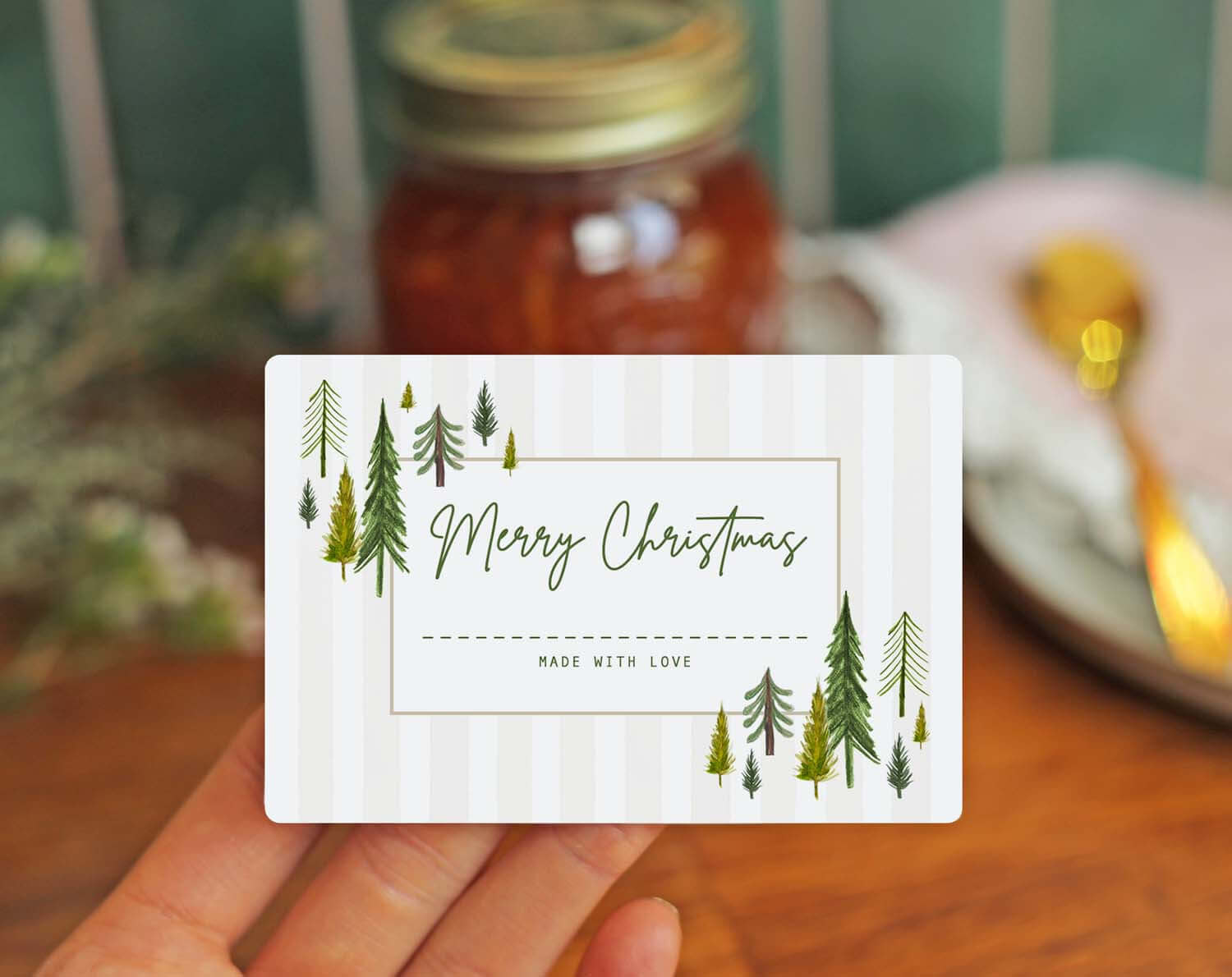 Christmas Jam Jar Labels With Rustic Scandi featuring a Merry Christmas design with evergreen trees.