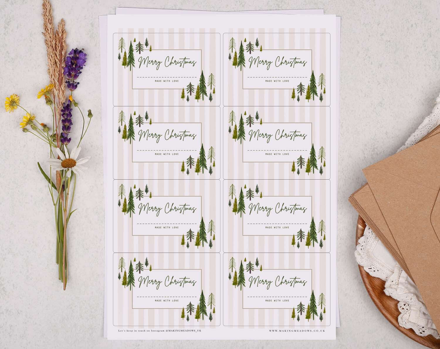 Christmas Jam Jar Labels With Rustic Scandi design featuring evergreen trees on a soft striped background.