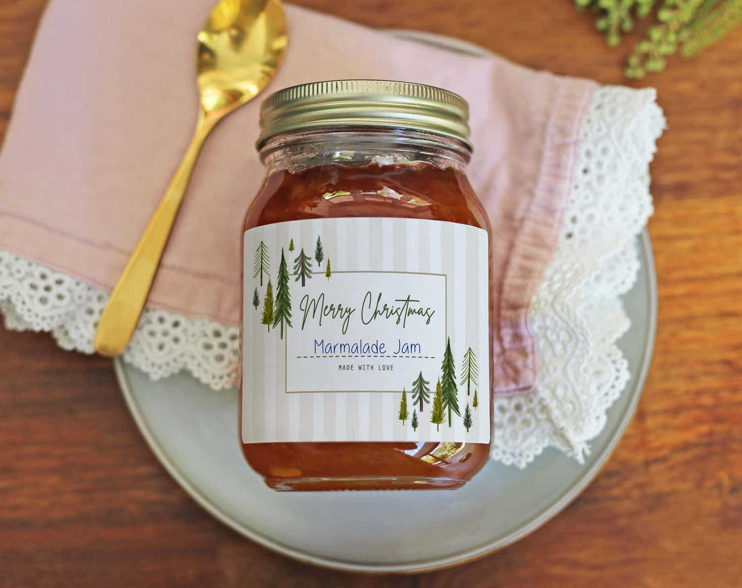 Christmas Jam Jar Labels With Rustic Scandi on a jar of marmalade jam for festive gifting.