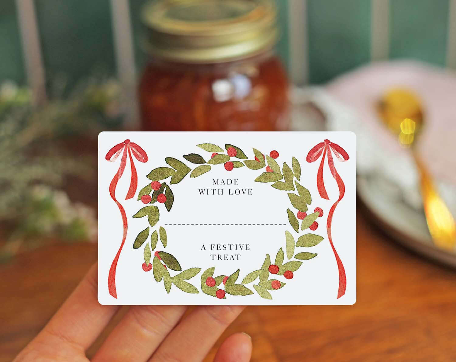 Christmas Jam Jar Labels With Wreath featuring a festive design and holiday message.