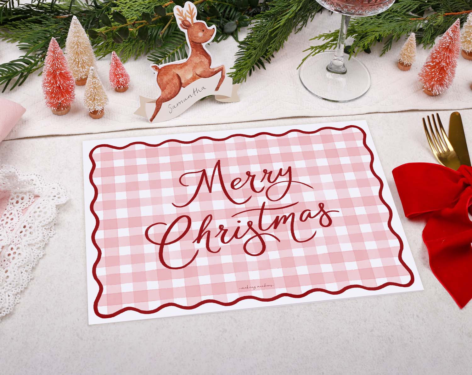 Pink Gingham Christmas Placemats designed by Making Meadows