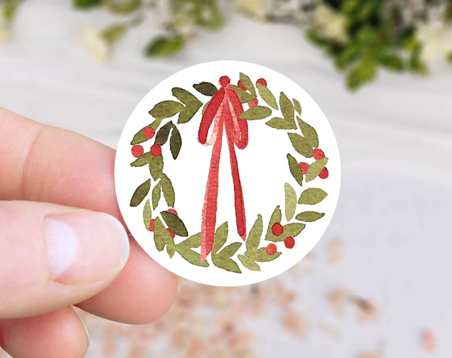 Christmas Wreath Stickers featuring a red ribbon and green foliage, perfect for holiday decorations.