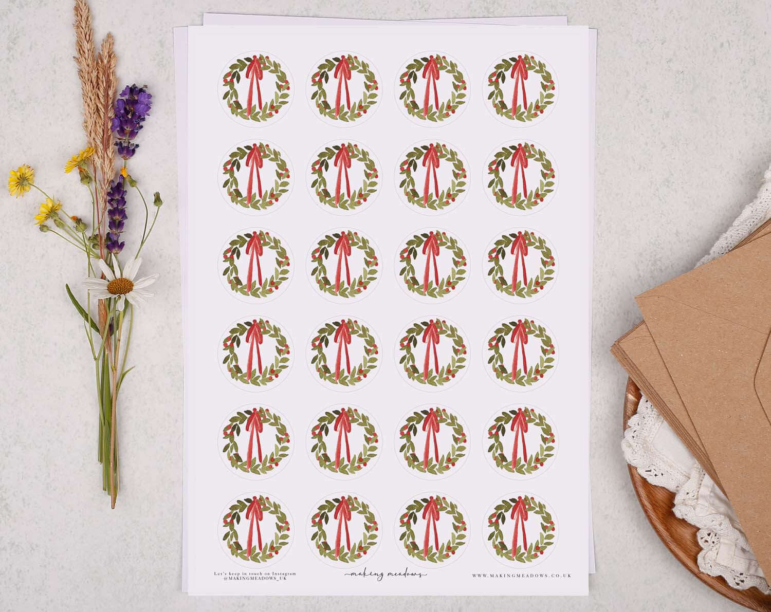 Christmas Wreath Stickers sheets featuring festive wreath designs with red ribbons and greenery.