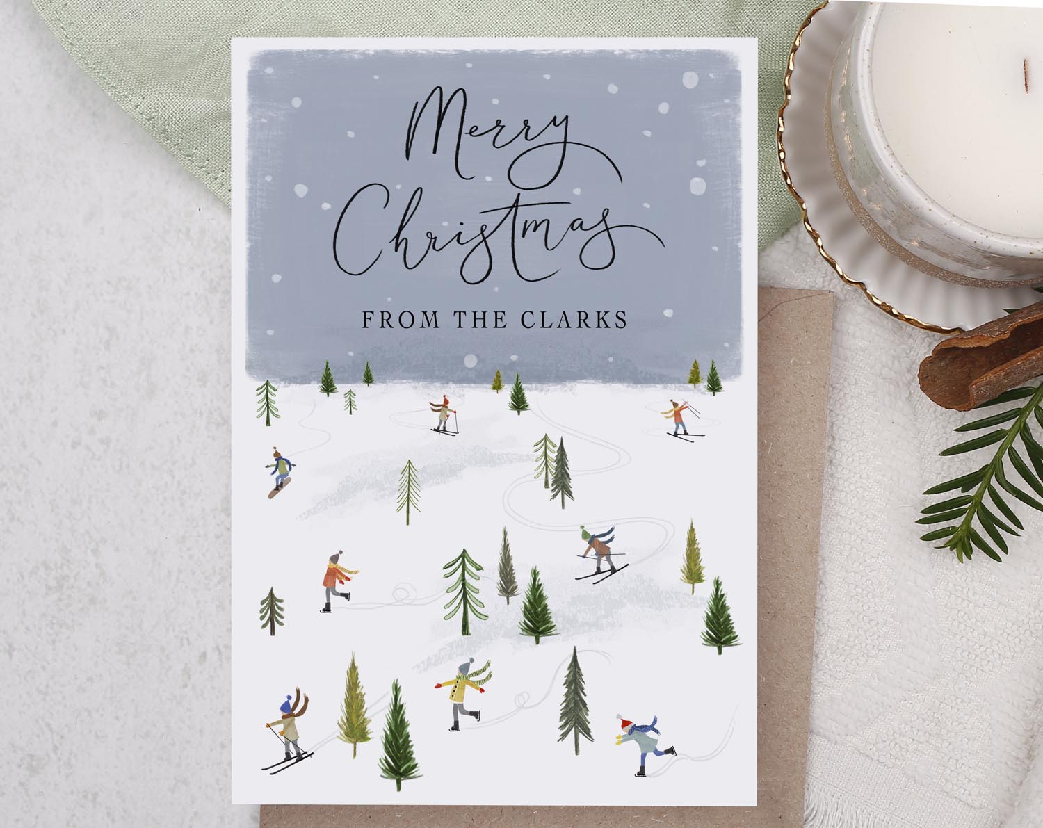 Personalised Christmas Card With Skiing Town