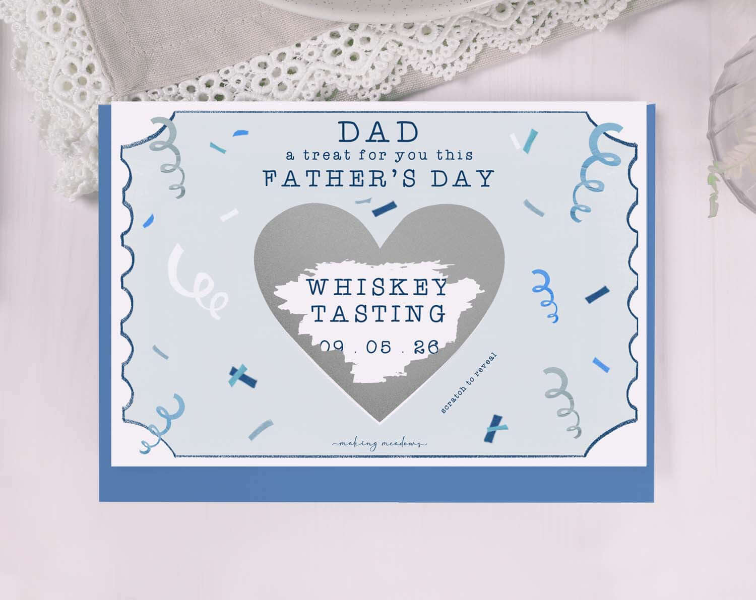 Confetti Scratch To Reveal Card For Dad featuring a whiskey tasting invitation design for Father's Day.