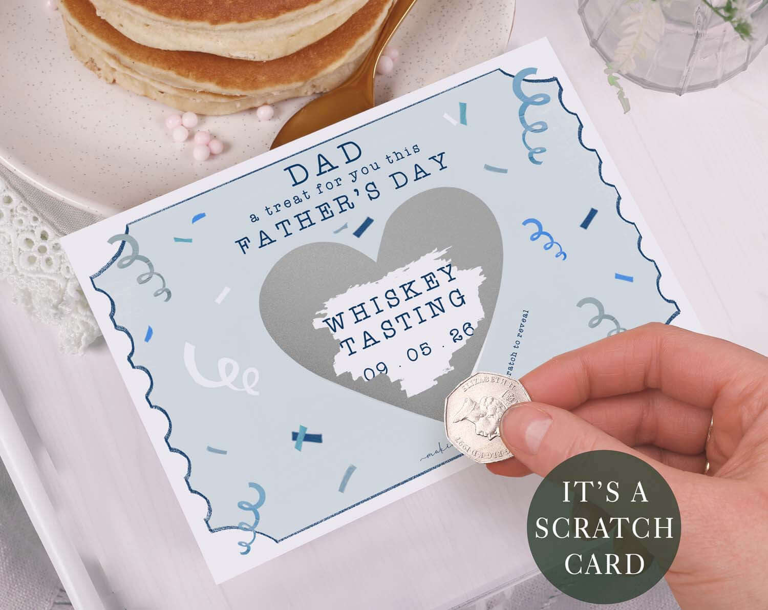 Confetti Scratch To Reveal Card For Dad featuring a scratch area revealing a whiskey tasting on Father's Day.