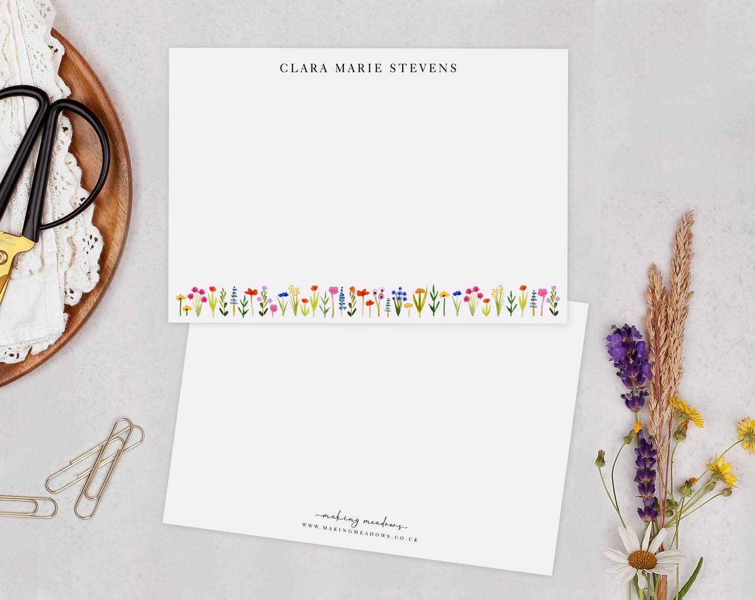 Ditsy Floral Personalised Note Cards featuring colorful floral border and personalized name at the top.
