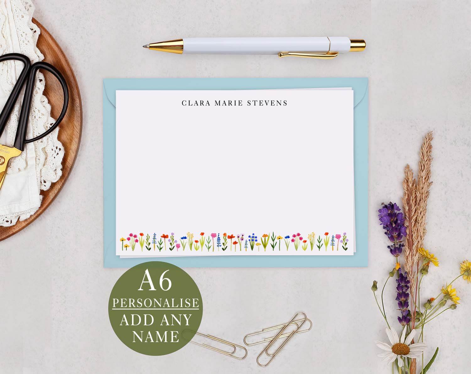 Ditsy Floral Personalised Note cards in a stationery set with floral design and customizable name option.
