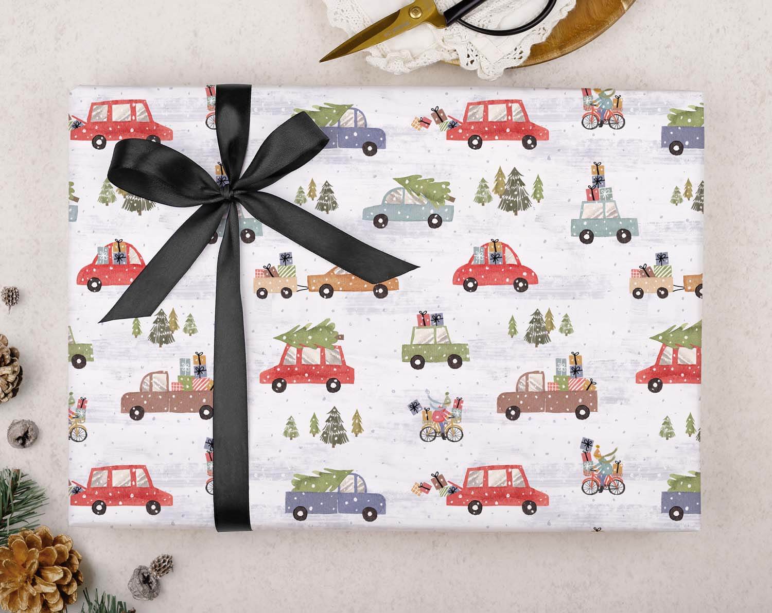 Driving Home Christmas Wrapping Paper featuring vintage cars with Christmas trees and presents, perfect for festive gifting.