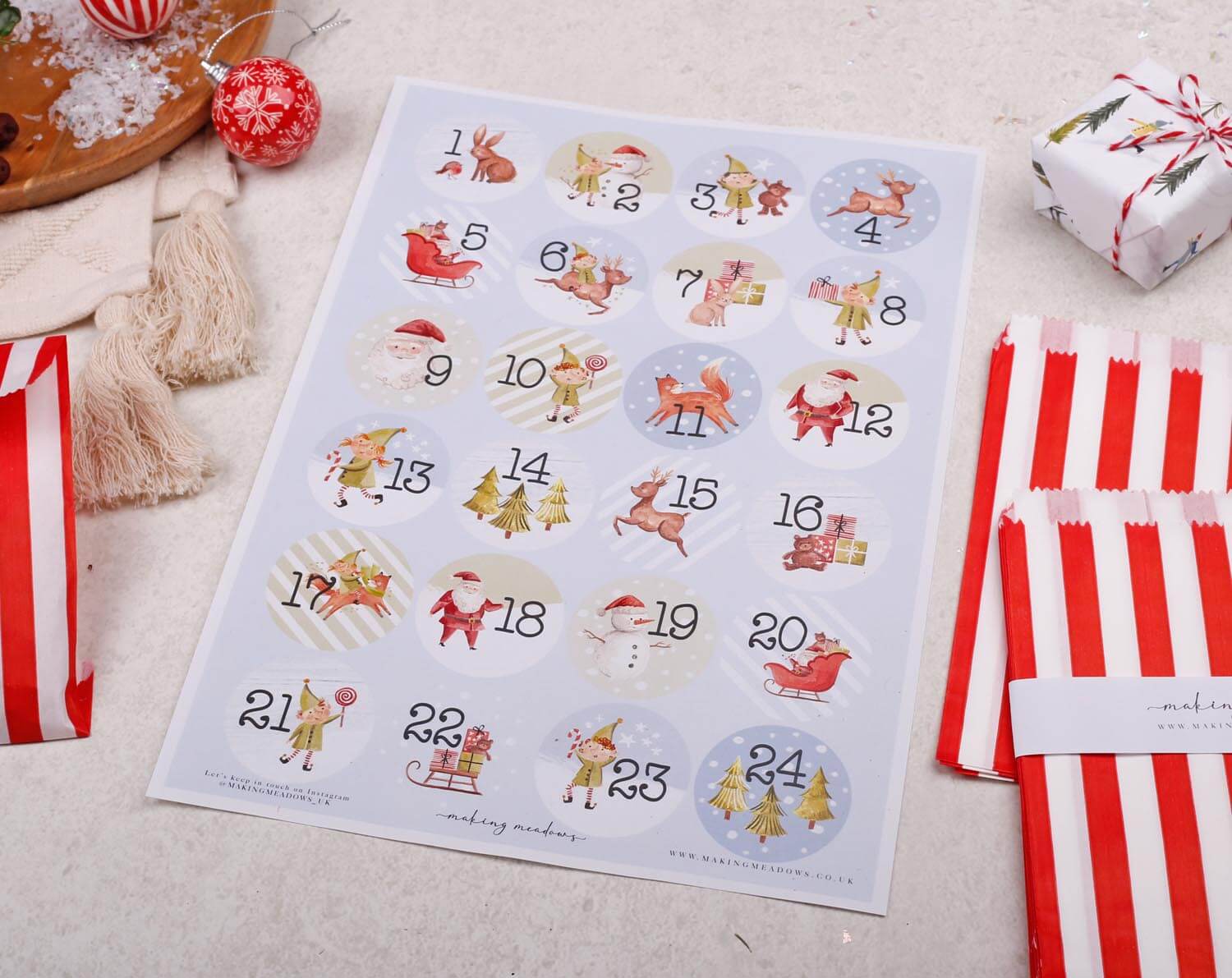 Elf Christmas Advent Calendar With Red Bags. Advent Calendars designed by Making Meadows