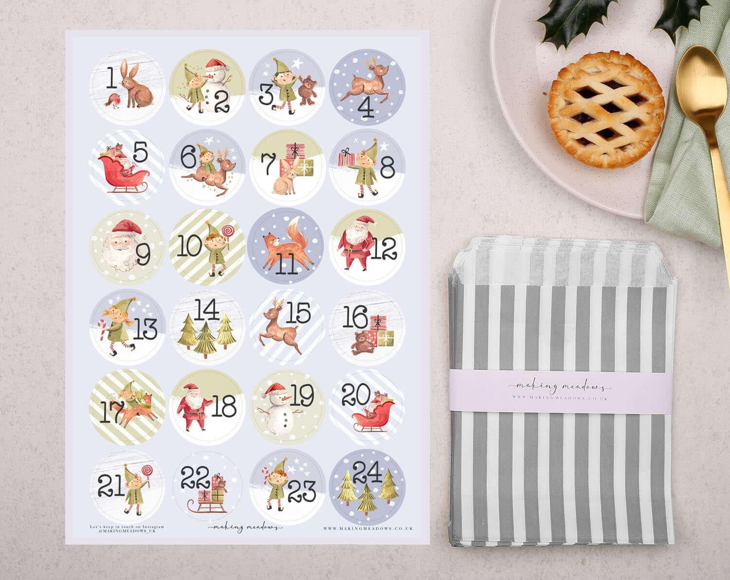 Elf Christmas Advent Calendar With Silver Bags. Advent Calendars designed by Making Meadows