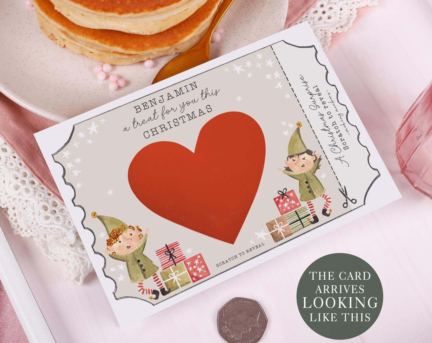 Elf Christmas Surprise Gift Reveal Scratch Card. Greeting & Note Cards designed by Making Meadows