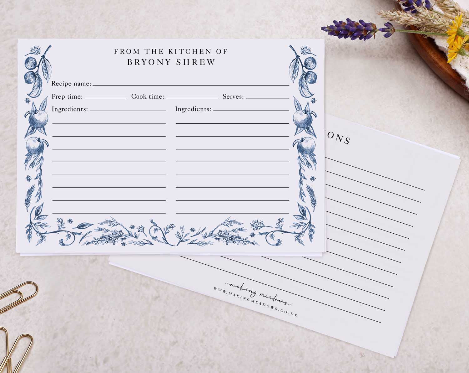 English Garden Recipe Cards featuring floral design and space for recipe details like name, prep time, and ingredients.