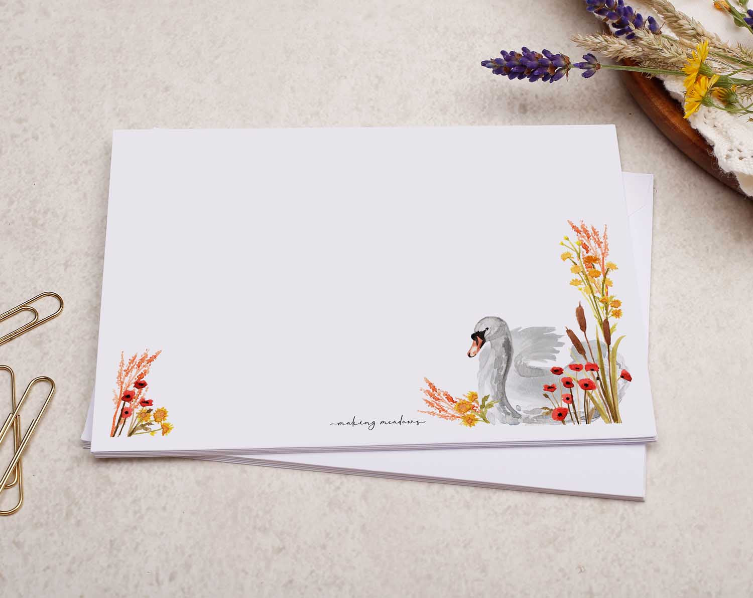 A pretty decorated C6 white envelope with a Pretty Floral Poppy & Swan Bird Design. 
