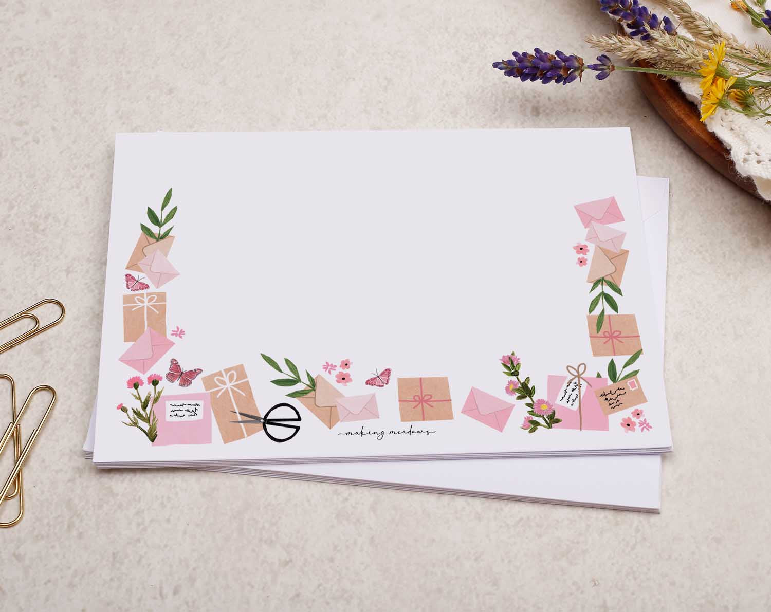 A pretty decorated C6 white envelope with a Pink Floral Flowers & Post Mail Design. 