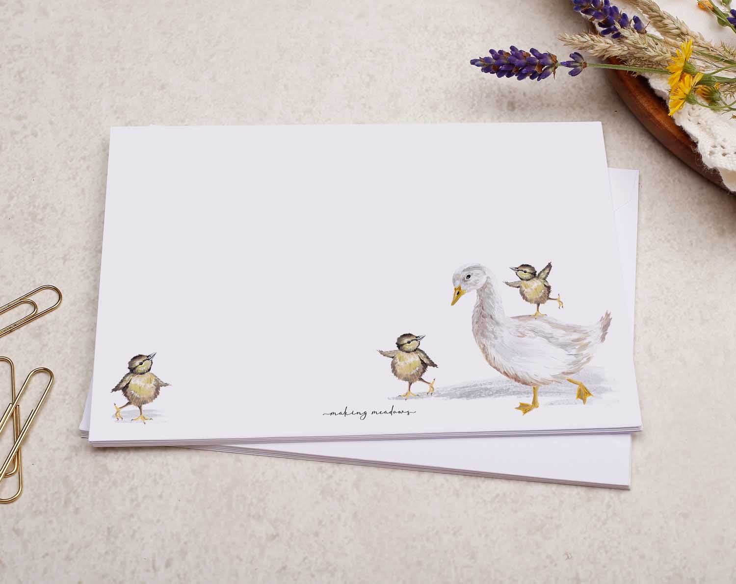 A pretty decorated C6 white envelope with a Cute Baby Chick and Farmyard Duck Design. 