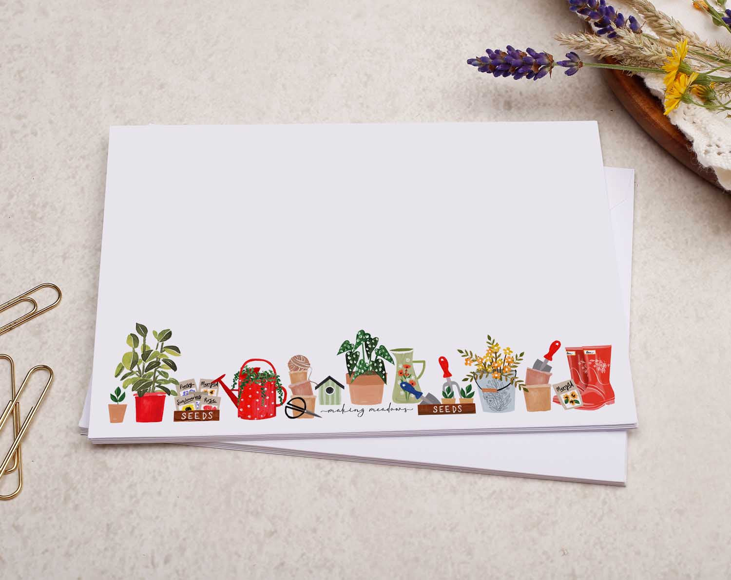 A pretty decorated C6 white envelope with a Gardening Plant Pot Gardener Design. 