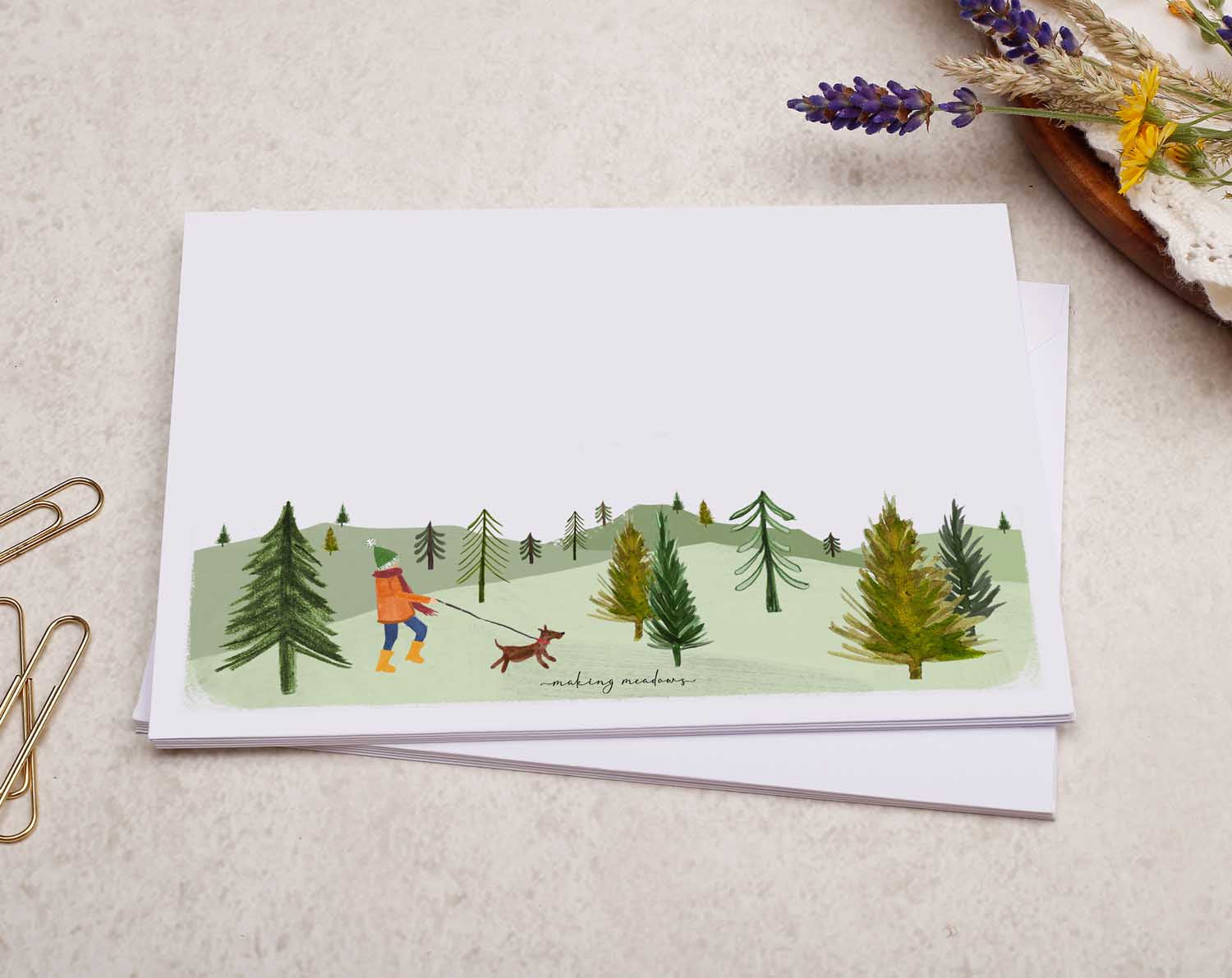 pretty decorated C6 white envelope with a Dog Walking In Woodland Forest Design