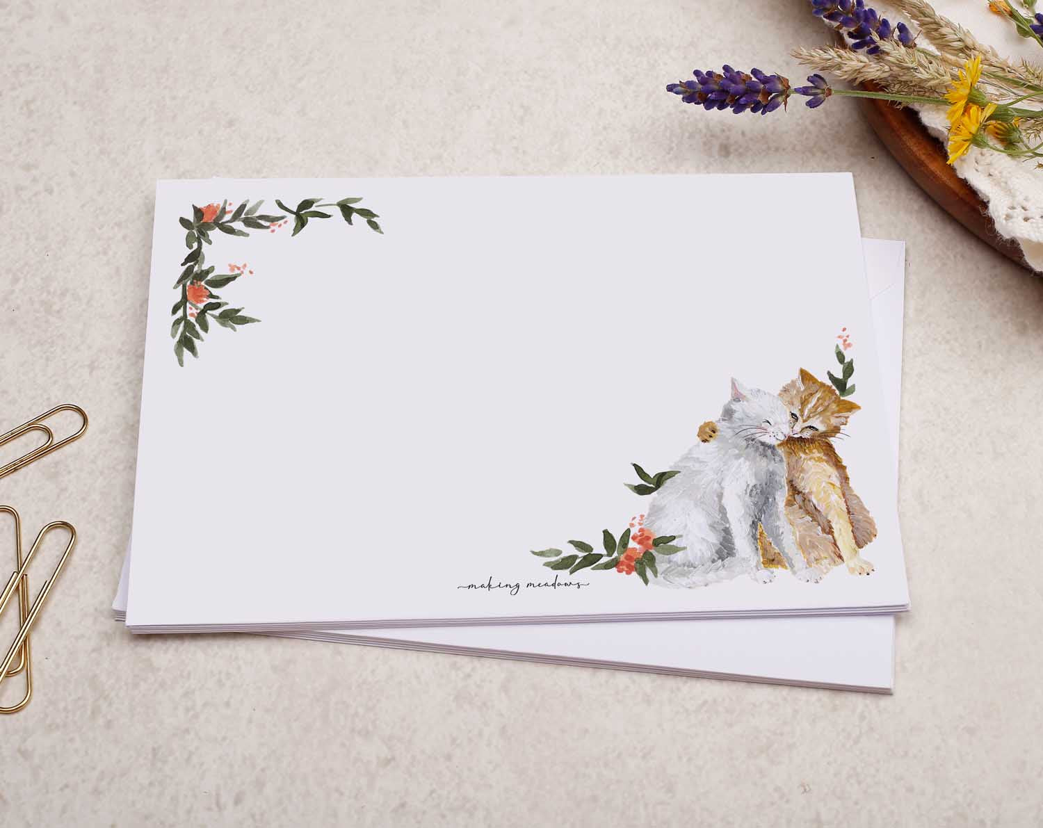 A pretty decorated C6 white envelope with a Pretty Floral Flower & Kitten Cat Design. 